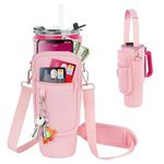 Water Bottle Carrier Bag with Phone Pocket Fits for Stanley/Simple Modern/BOGI/Meoky 40 oz Tumbler with Handle,Neoprene Water Bottle Accessories Holder Pouch with Adjustable Shoulder Hand Strap(Pink)