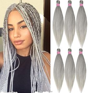 MSBELLE 6Pcs/Lot Pre Stretched Braiding Hair 26 Inch Silver Braiding Hair Hot Water Setting 100g/Pack Crochet Synthetic Braids Hair(Silver Grey)