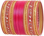 New! Touchstone Colorful 2 Dozen Bangle Collection Indian Bollywood Alloy Metal Textured Hot Pink Golden Designer Special Large Size Bangle Bracelets Set of 24. in Antique Gold Tone for Women