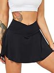 HAWILAND Women's Tennis Skirt Crossover Waist V-Waist Tennis Skort with Pockets Golf Skirt for Cycling Hiking Running, #1 Black, XS