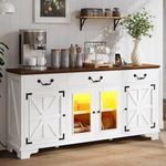 YITAHOME Farmhouse Sideboard Cabinet with Power Outlets & LED Light, 65" Large Buffet Cabinet with 3 Drawers and Glass Doors, 32'' Tall Coffee Bar Table for Kitchen, Living Room, White/Brown