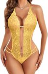 Avidlove Women One Piece Lingerie Sexy Lace Bodysuit Deep V Teddy Babydoll Nightgown Yellow XXL