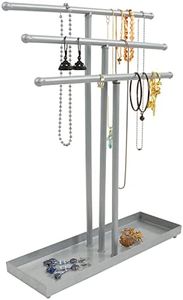 BELLE VOUS Organizador de Joyas Metal Plateado 3 Niveles con Bandeja Base de Almacenamiento - Colgador Collares de Sobremesa - Soporte Joyas, Brazaletes, Anillos, Relojes y Pendientes