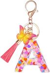 Suweibuke Colourful Cute Initial Letter Keychains for Women Girls with Tassel Butterfly, Charm for Purse Backpacks Handbags Schoolbags (Colorful Pink-A)