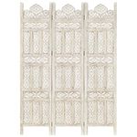 vidaXL Solid Mango Wood Hand carved 3-Panel Room Divider Room Partition Decorative Wooden Screen Folding Privacy Screen White 120x165cm