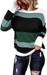 Dokotoo Womens Sweaters Striped Sweater Women Fall Tops for Women 2024 Trendy Winter Outfits Round Neck Color Contrast Dark Green X Large