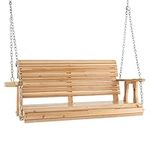 COSTWAY 2 Seater Porch Swing Chair, Solid Wood Patio Swing Bench Loveseat with Cup Holders and Hanging Chains, Outdoor Garden Hanging Swing Seat Hammock for Balcony Yard Lawn and Tree