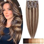 18 inches SEGO Clip in Hair Extensions Real Remy Human Hair [#4/27 Medium Brown&Dark Blonde] 8 Pieces Full Head Hairpieces for Women Straight Natural Invisible (80g)