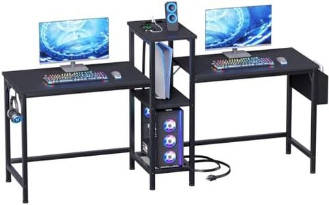 Furologee Double Desk with Power Outlets, 71 Inch Computer Desk with Storage Bag and Headphone Hooks, Gaming Desk Study Writing Table for Home Office, Black