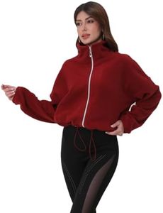 BOWOXO Cropped Fleece Winter Hiking Jacket for Women Cozy Fleece with Secure Side Pockets with 3F Zipper Long Sleeve Windproof Coat（Burgundy，L）