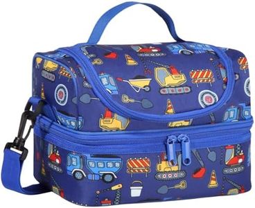Lunch Box Bag for Boys, Kasqo Insulated Reusable Dual Decker Compartments Cooler Bag for Kids/School/Picnic/Travel Construction Vehicles