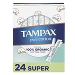 Tampax Pure Cotton Tampons, Contains 100% Organic Cotton Core, Super Absorbency, 24 Ct, Unscented