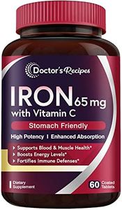 Doctor's Recipes Iron Supplement 65 mg with Vitamin C - Maximized Absorption, Stomach Friendly & High Potency Iron Pills for Red Blood Cells Formation & Immunity Health - Vegan Non-GMO 60 Iron Tablets