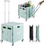 AASTIK SALES Folding Utility Cart Portable Rolling Crate Handcart Shopping Trolley Collapsible Tool Box, with Lid, on 4 Rotate Wheels, for Grocery, Shopping, Office, Camp, Teacher (Green)