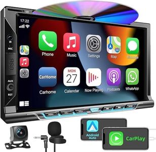 Double Din car Stereo with CD/DVD Player- CarPlay & Android Auto, Car Audio with Bluetooth, 7 Inch HD Touchscreen, Rear Camera, USB/TF/AUX, AM/FM, Subwoofer Radio Receiver