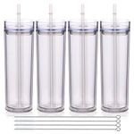 Volhoply 20oz Plastic Skinny Tumblers Bulk 4 Pack,Double Wall Tumbler with Lid and Straw,Reusable Travel Iced Coffee Mug,BPA Free Matte Acrylic Water Cups With Straw for Parties,DIY Gifts(Clear,4 Set)