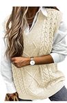 Vancavoo Women Sweater Vest V-Neck Knitted Women's Sleeveless Pullover Solid Color Loose Jumper Ladies Gilet Tops Streetwear Knitwear Stylish Vintage Waistcoats Clothes(White-1,XL)