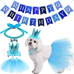 KUTKUT 4 Pieces Cute Dog Birthday Outfit with Pet Tutu Skirt Puppy Pearl Necklace Dog Crown Hat and Happy Birthday Banner for Puppy Dog Pet Cat Girl Birthday Party Supplies (Blue) One Size