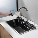 VACLIX® 30" x 18" x 9" Fully Equipped Kitchen Sink with Integrated Waterfall and Pull-down Faucets with 304 Grade Stainless Steel Nano Black Finish Sink with LED Pannel and Digital Display