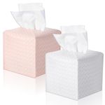 2 Packs Tissue Box Cover, PU Leather Tissue Box Holder Modern Square Tissue Box Covers Square Tissue Box Cover Facial Tissue Cube Paper Organizer for Bathroom, Living Room, Bedroom(White/Pink)