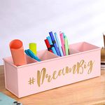 anantam homes Multi-functonal Desk organizer with 4 compartments office supplies Organiser Stylish Metal Desk Organizer for storage, Pen Staplers Clips Sticky Notes (Dream Big) Light Pink