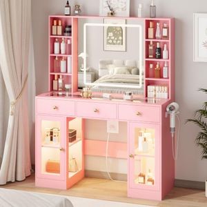 HUANLEGO Glass Top Vanity Desk with Mirror and Lights & RGB Cabinet, Pink