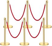 GarveeTech 6 Pieces Stainless Steel Stanchion Post Queue, 5 Ft Solid Base Red Velvet Ropes Carpet Ropes and Posts, Ball Top Crowd Control Barrier, Line Dividers for Theater, Party, Wedding, Gold