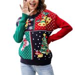 IFFEI Womens Ugly Christmas Jumper Santa Reindeer Print Long Sleeve Crew Neck Ladies Novelty Knitted Xmas Pullover Sweater Knitwear UK L Green/Red