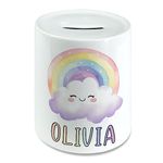 Personalised Watercolour Rainbow Cloud Girls Money Box, Piggy Bank, Savings Jar for Kids Coins. Bank Cash Box. Ceramic with Rubber Base