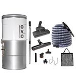 OVO Large and Powerful Central Vacuum System, Hybrid Filtration (with or Without Disposable Bags), 25L or 6.6 Gal, 630 Air watts + 30 ft Premium Deluxe Plus Accessory Kit, Silver and Black, PAK63DP+