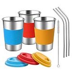 Aogolouk Stainless Steel Cups with Silicone Lids, Sleeves and Stainless Steel Straws | 3 Pack 16 oz. Drinking Tumblers Cups for Toddlers, Kids and Adults | Eco-Friendly | BPA-Free