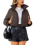 Lumister Womens Lightweight Quilted Jacket Long Sleeve Stand Collar Zipper Cropped Puffer Jacket Coat, Brown, Small