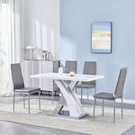 Panana Elegant White High Gloss Kitchen Dining Table 120CM X Shape With 4pcs Dining Chairs Set (White table with 4 Grey chairs)