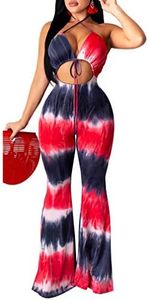 Remelon Womens Spaghetti Strap Halter Tie Dye Print Cut Out Bodycon Bell Flare Pants Club Party One Piece Jumpsuits Rompers Red L