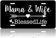 Mama & Wife Blessed Life License Plate Blessed Mama Mother's Day License Plate Cover Personalise Car Front Rust-Proof Stainless Steel Metal Car Plates Funny Novelty Vanity Tag for Women