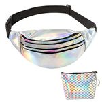 Holographic Waist Bag, Fashion Bum Bags with Coin Purse 3 Zip Pockets Waterproof Fanny Pack for Women Men Travel Hiking (Silver)