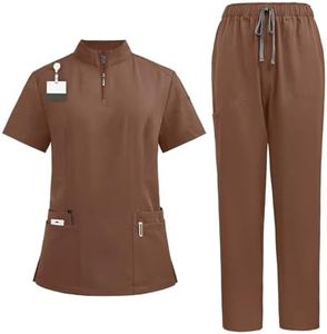 Scrubs for Women Set Casual Solid Medical Uniform Stretch V-Neck Scrub Top & Jogger Pant with Pockets Brown XL