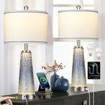 Glass Table Lamps for Living Room, 26" Modern Table Lamps with USB A+C Ports & AC Outlet, Touch Control Bedside Nightstand Lamp with Crystal Night Light for End Table Office Desk Blue(Bulbs Included)