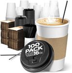 Shop Square 16 Oz Disposable Coffee Cups with Lids, Sleeves and Straws (100 Pack) Insulated Coffee Cups Bundle with Sleeves and Straws, Hot Cups - Poly-Coated Material, Spill-Proof Tab