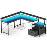 Rolanstar Computer Desk with File Drawer, 68" L Shaped Desk with Power Outlet & LED Strip, L Shaped Computer Corner Desk with File Cabinet, Gaming Desk with Monitor Shelf, Home Office Desk, Black