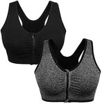 WANAYOU Women's Zip Front Sports Bra Wireless Post-Surgery Bra Active Yoga Sports Bras (XXL:Fit 40C,40D,42B,42C, 2 Pack(Black+Grey))