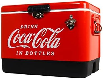 Coca-Cola Ice Chest Beverage Cooler with Bottle Opener, 51L (54 qt), 85 Can Capacity Portable Cooler, Red and Black, for Camping, Beach, RV, BBQs, Tailgating, Fishing