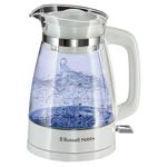 Russell Hobbs Carafe Style 1.7L Cordless Electric Glass Kettle with white handle, lid & base and blue internal illumination (Fast boil, 3KW, Anti-scale filter, Pull off lid, unique glass spout) 26081