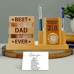 TIED RIBBONS Gift for Fathers Day from Son Daughter Wooden Pen Stand with Clock and Calendar with Greeting Card