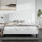 SHA CERLIN Upholstered Button-Tufted Platform Bed, Full Size Bed Frame with Headboard, Mattress Foundation, Wood Slat Support, White