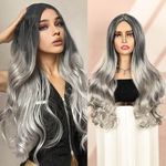 QUEENTAS 24 Inch Grey Hair Wig for Women Full Head Long Wavy Curly Synthetic Wigs for Cosplay Diwali