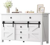 YITAHOME 54" Farmhouse Dresser for Bedroom, Large Modern Chest of Drawers, Wood Rustic Dresser TV Stand with 5 Drawers & 2 Sliding Barn Doors for Living Dining Room, Entryway, Hallway, White