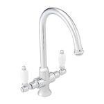 ENKI, Dorchester, KT041, Chrome Polished Brass Dual Flow Kitchen Sink Mixer Tap for Basin, with Twin White Levers Swivel Spout Perfect for Double Bowl Sinks, Easy Safe to use Drip Free Ceramic Valve