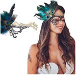 Black Gold Peacock Feather Phantom Masquerade Mask for Women - Lace Masquerade Masks for Masquerade Party, Proms, Photo Shoot, Venetian Party, Mardi Gras, Halloween & Cosplay