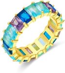 AFFY Eternity Rainbow Ring 18K Yellow Gold Plated Emerald-Cut Multi Color AAA Created-Gemstone Rainbow Ring, Stackable Ring, Wedding Band for Women Gift For Her (Ring 4, Size 8)